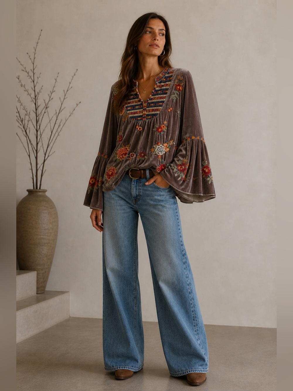 Johnny Was Sisilia Velvet Embroidered Blouse S | Tunic Flare Sleeve Top